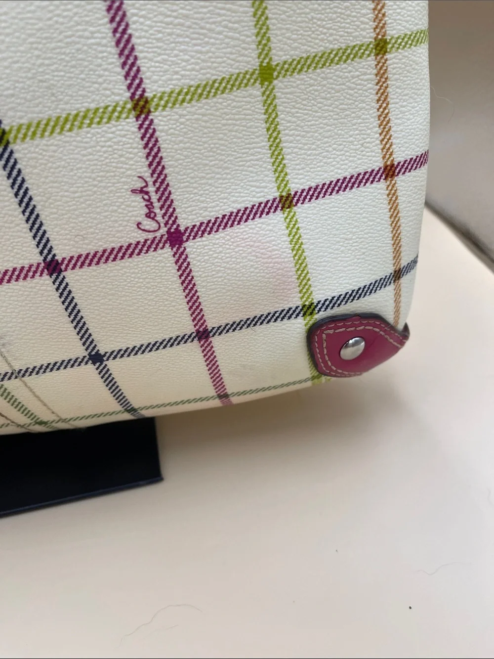 Coach Tattersol Cream Plaid Shoulder Bag with Pink Stripe